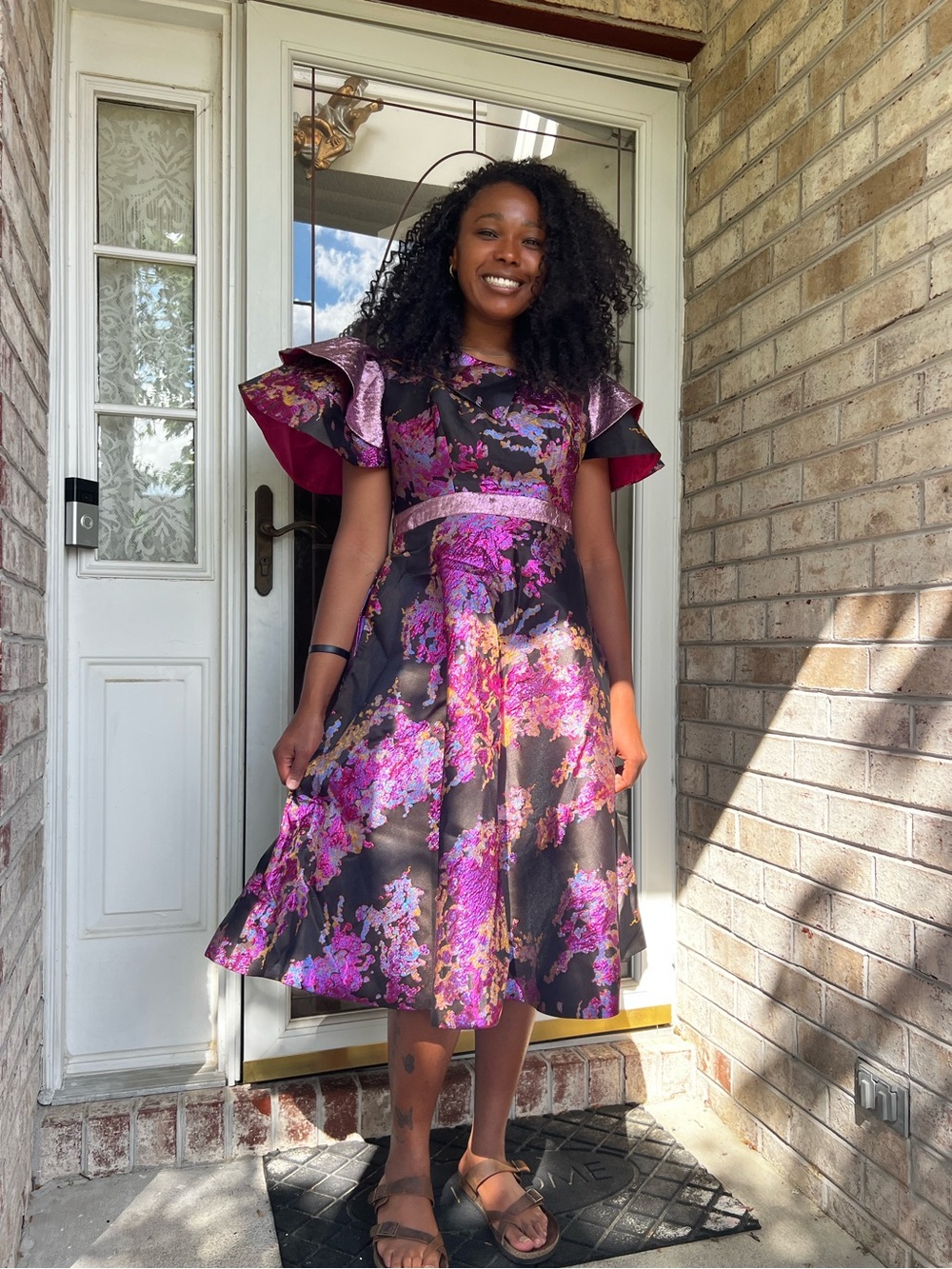 Purple Floral Fit-and-Flare Damask Brocade Midi Dress with Ruffle Sleeves